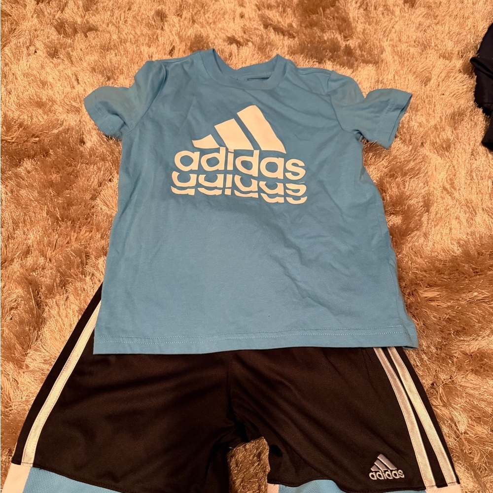 adidas Light Blue Logo Tee with Black Athletic Shorts - Picture 2 of 4